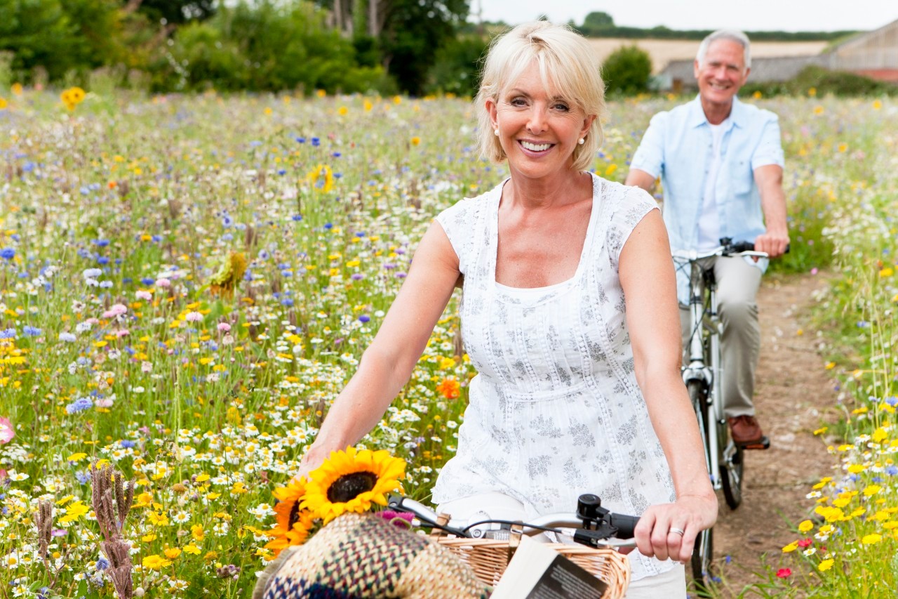 Smiling senior couple riding bicycles on path through field of wildflowers --- Image by © Juice Images/Corbis