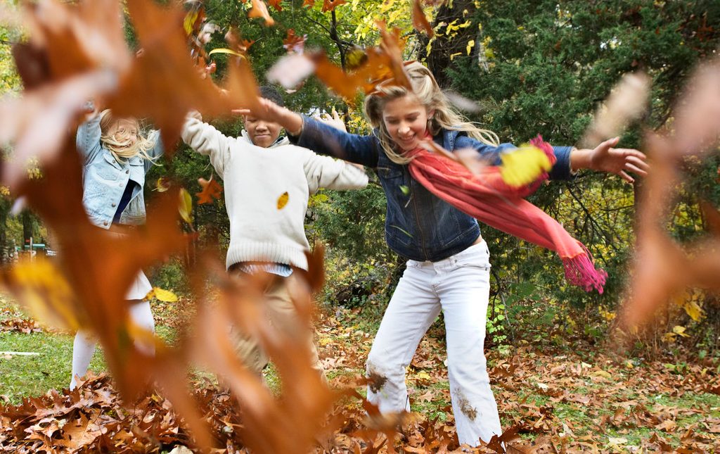 Children Playing in Leaves --- Image by © Steve Prezant/Corbis