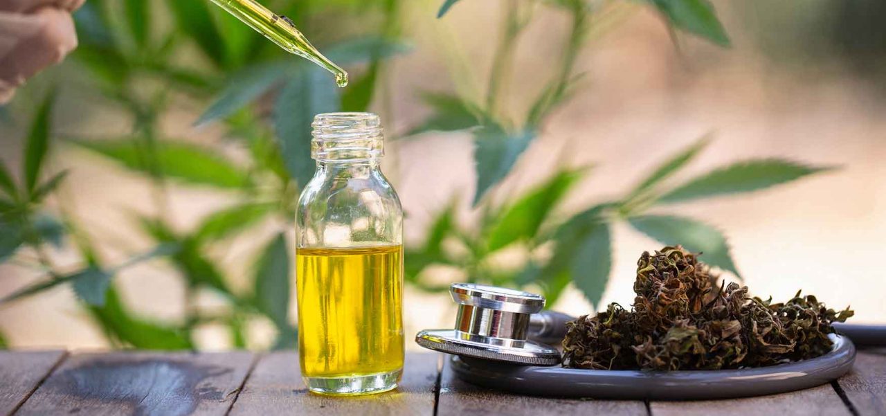 Hemp oil, Medical marijuana products including cannabis leaf, dried bud, cbd and hash oil over black wood background