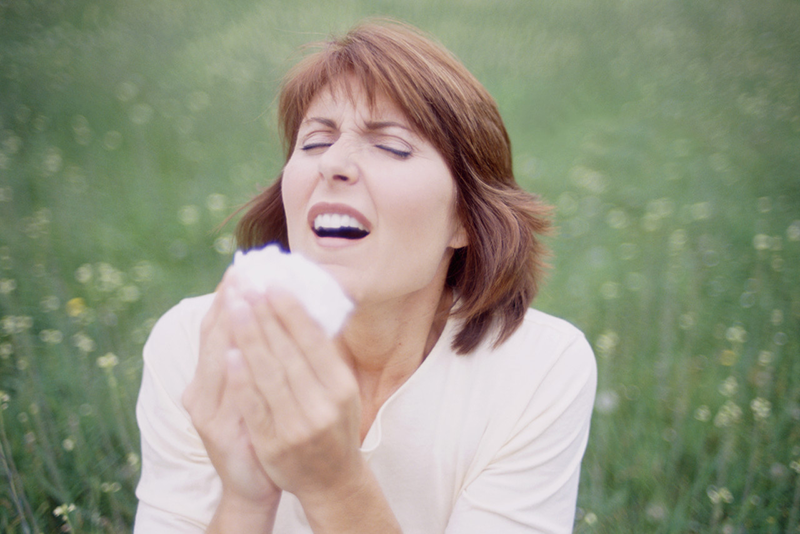 Mature Woman Sneezing in Meadow --- Image by © Michael A. Keller/Corbis