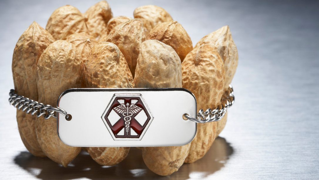 Medical alert bracelet around peanuts --- Image by © Peter Reali/Corbis