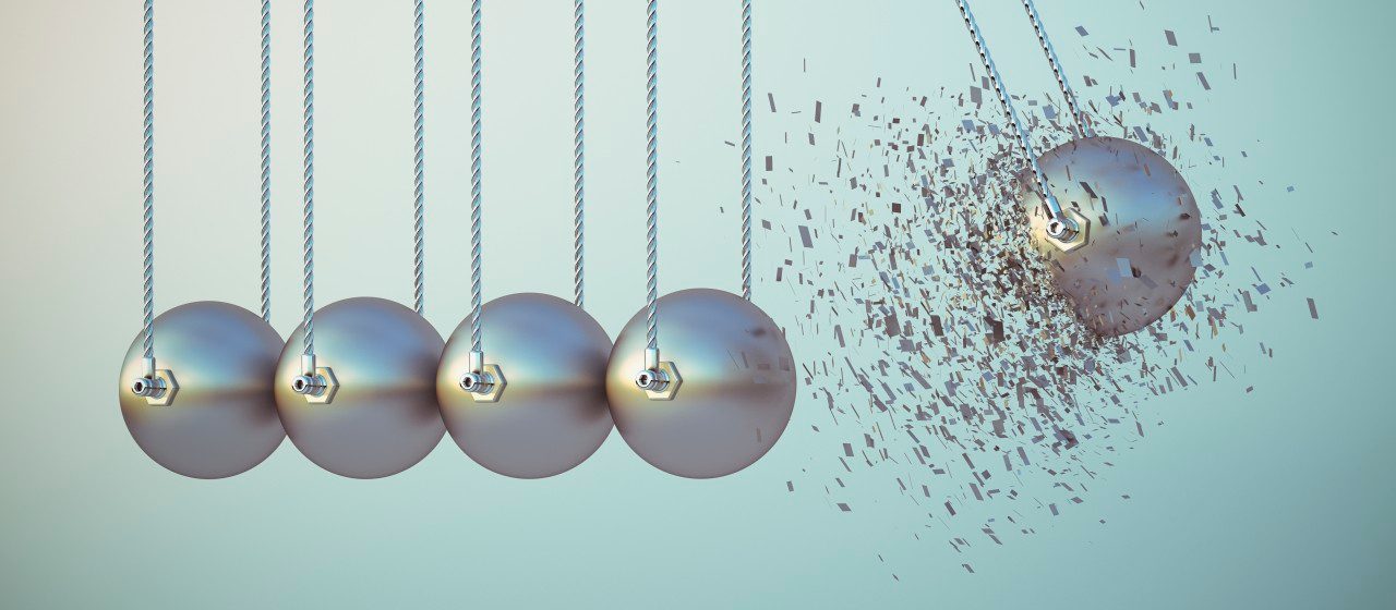 0042-11-30T00:00:00.000Z 04 Mar 2015 --- Exploding ball in Newton's cradle, 3d rendering --- Image by © HuberStarke/Westend61/Corbis