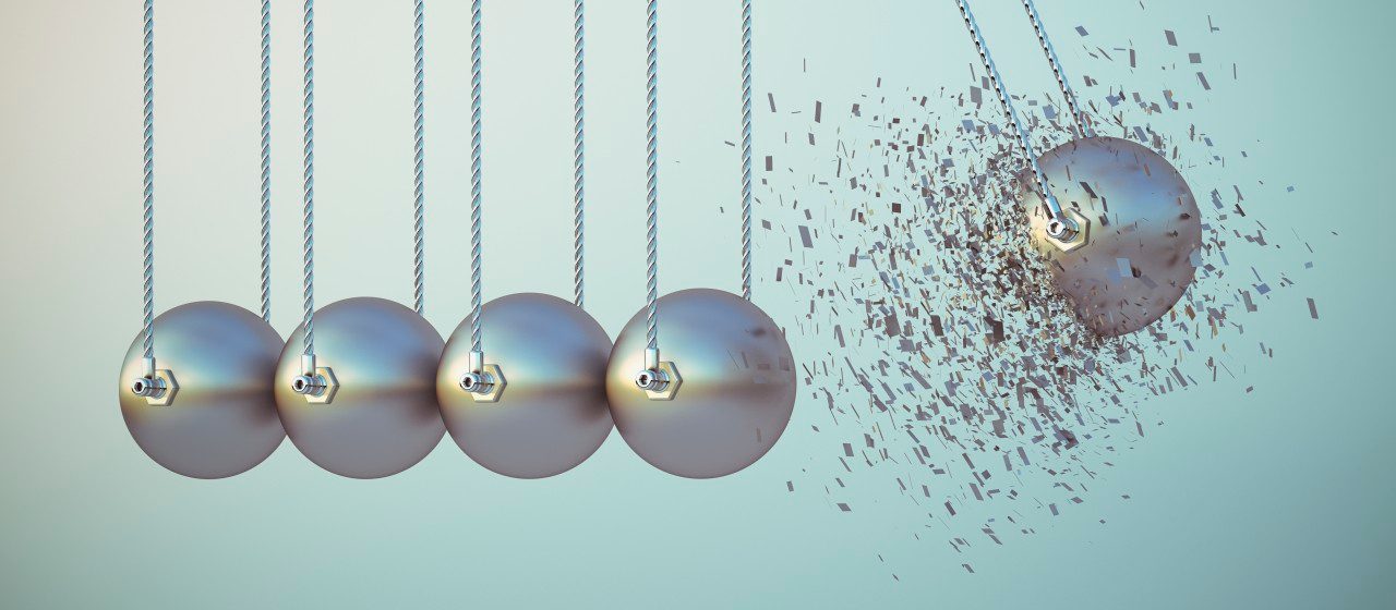 04 Mar 2015 --- Exploding ball in Newton's cradle, 3d rendering --- Image by © HuberStarke/Westend61/Corbis