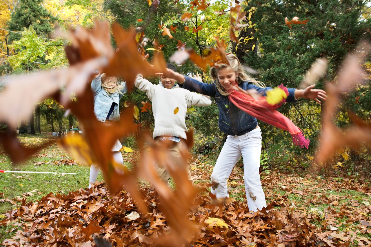 Children Playing in Leaves --- Image by © Steve Prezant/Corbis