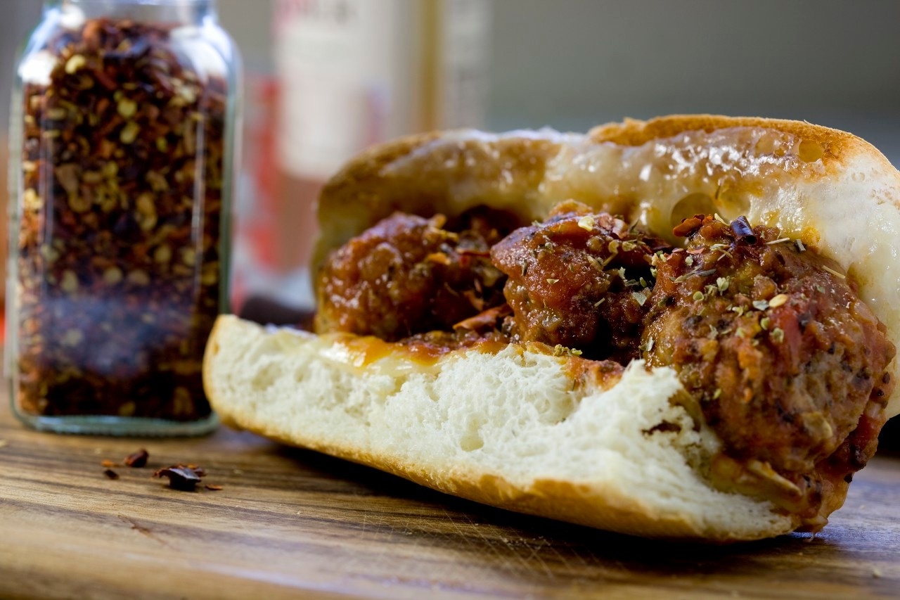 Santa Barbara, California, USA --- A spicy meatball sandwich --- Image by © 2/Matthew O'Shea/Ocean/Corbis