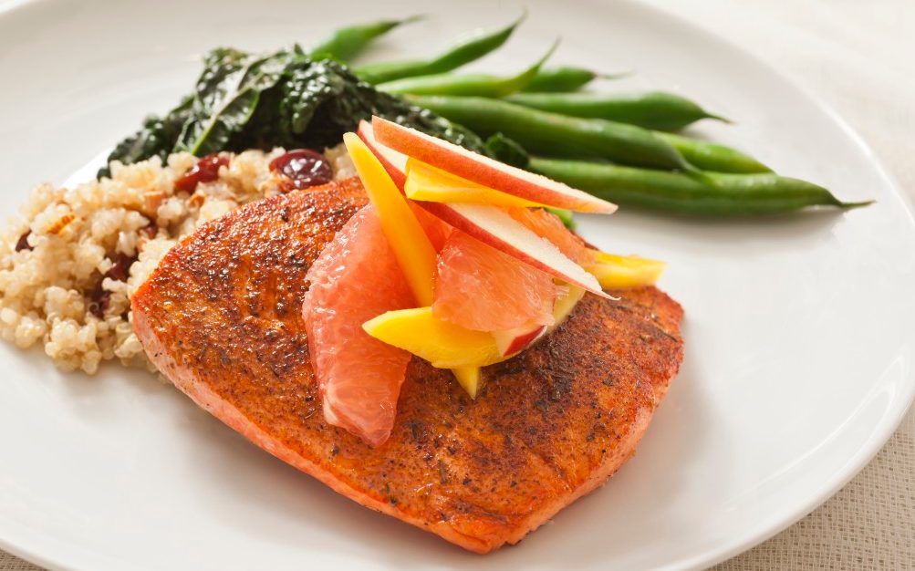 A bone-strengthening plate of food with salmon A bone-strengthening plate of food with salmon