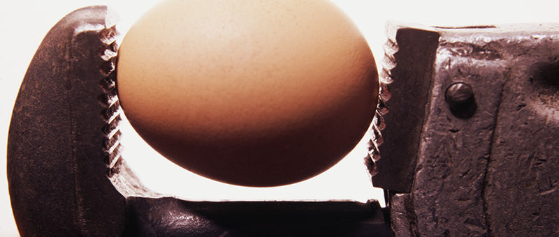 Scuffed monkey wrench holding a brown egg --- Image by © Serge Kozak/Corbis
