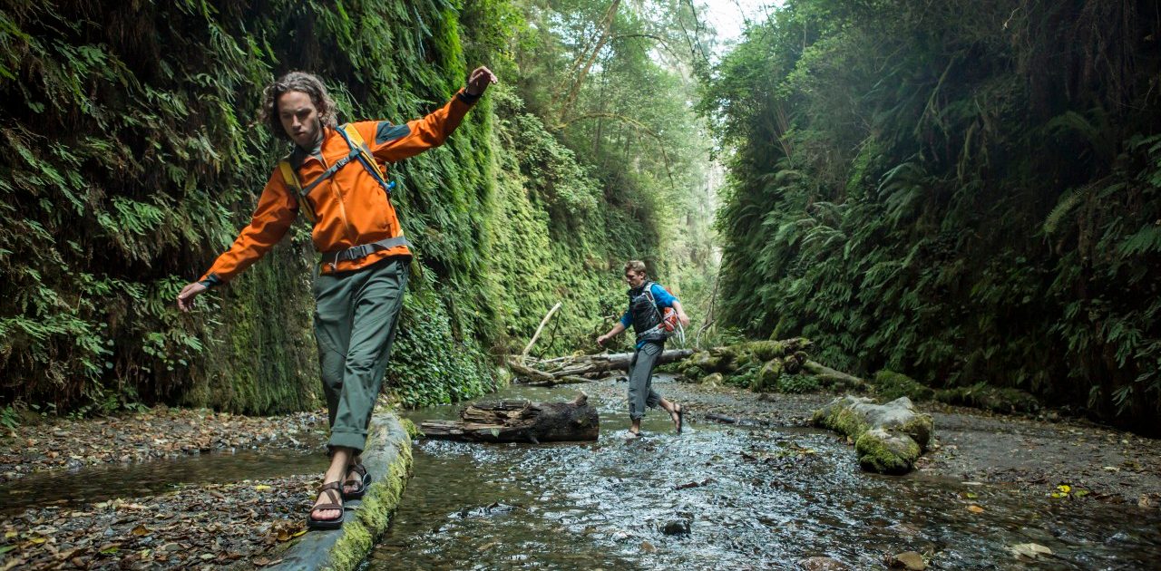 0042-11-30T00:00:00.000Z Hiker balancing on logs in forest --- Image by © Jordan Siemens/Corbis