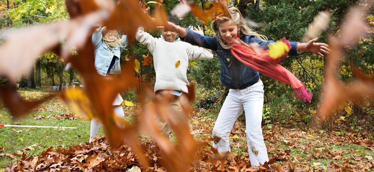 0042-11-30T00:00:00.000Z Children Playing in Leaves --- Image by © Steve Prezant/Corbis