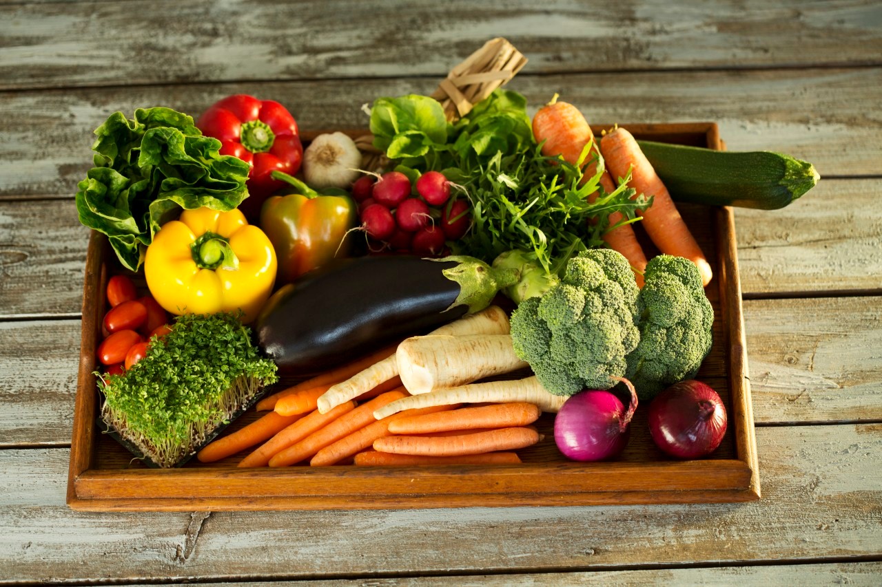13 Jan 2015 --- Wooden tray with different vegetables --- Image by © Roman Märzinger/Westend61/Corbis