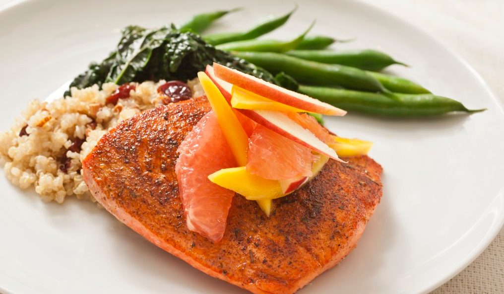 0042-11-30T00:00:00.000Z Bronzed Salmon with Fruit Relish --- Image by © David Papazian/Corbis
