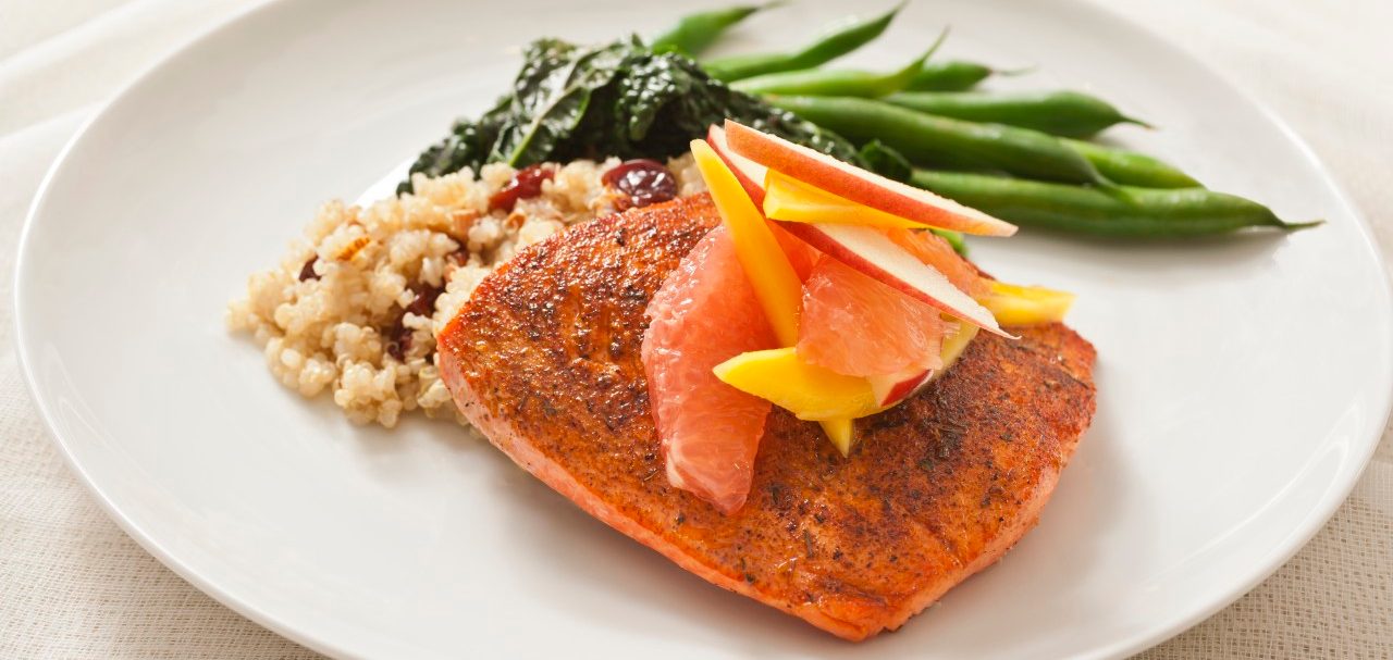 0042-11-30T00:00:00.000Z Bronzed Salmon with Fruit Relish --- Image by © David Papazian/Corbis