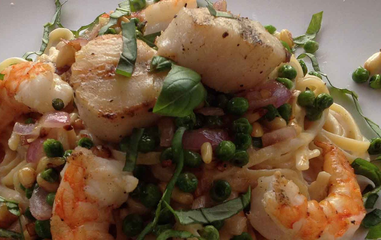 Grilled Shrimp and Scallops with Linguini, Spring Peas, and Pine Nuts