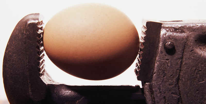 Scuffed monkey wrench holding a brown egg --- Image by © Serge Kozak/Corbis